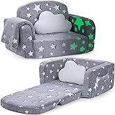 Kids Couch, 2-in-1 Soft Toddler Couch Fold Out with with Blanket and Cloud Pillow, Glow in The Dark, Toddler Chair Comfy, Convertible Sofa, Gifts for Kids Girl Boys, Medium Grey Star