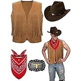 Toulite 4 Pcs Western Outfits for Men Cowboy Tassel Vest Hat Belt Buckle Paisley Bandana for Halloween Cosplay