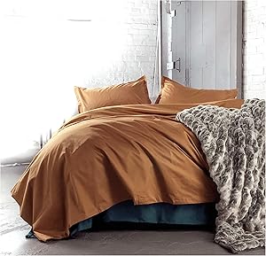 Solid Color Egyptian Cotton Duvet Cover Luxury Bedding Set High Thread Count Long Staple Sateen Weave Silky Soft Breathable Pima Quality Bed Linen (Queen, Copper)
