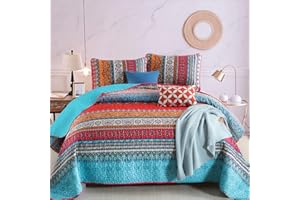WONGS BEDDING Bohemian Quilt Set Queen Size, Boho Striped Pattern Quilts Bedspread Set for All Season, Soft Microfiber Bedding Coverlet Set 96"x90"(3 Pieces, Queen)