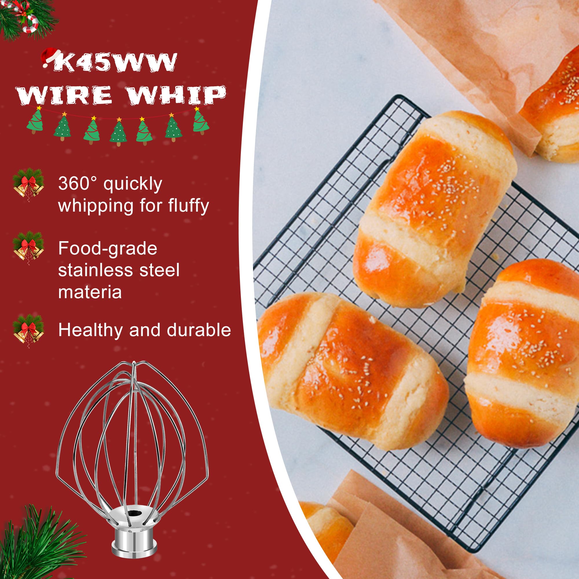 Kitchen Mixers Accessories 3-Piece Including K45DH Dough Hook&K45B Coated Flat Blade Paddle&K45WW Wire Whip for 4.5 QT Kitchen Tilt-Head Stand Mixer Attachments by Sikawai