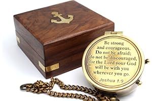 OCEAN REPLICAS Be Strong and Courageous Compass – Antique Nautical Magnetic Compass with Engraved Scripture Quote – Baptism Gift with Wooden Box for Son, Father, Husband, Loved One