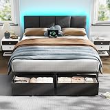 Furnulem Queen Bed Frame with Adjustable Headboard, Upholstered Bed with 2 Storage Drawers, Built-in USB Charging Station & LED Lights, Platform Bedframe with Metal Slats, No Spring Box Needed, Grey