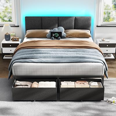Furnulem Queen Bed Frame with Adjustable Headboard, Upholstered Bed with 2 Storage Drawers, Built-in USB Charging Station & LED Lights, Platform Bedframe with Metal Slats, No Spring Box Needed, Grey