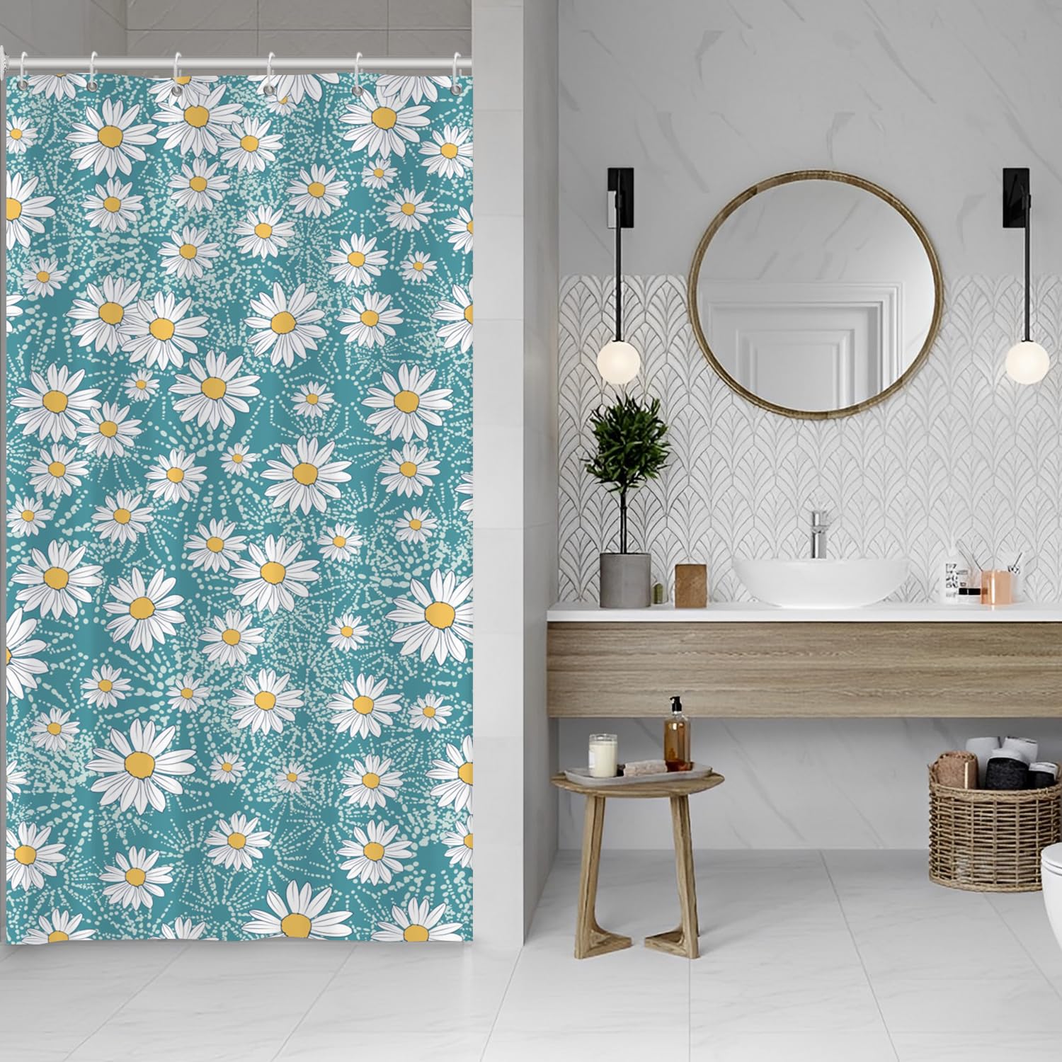 ASDCXZ Flower Shower Curtain 120x200 cm, Spring Summer White Yellow Daisy Flowers Blue Bath Washable Narrow Shower Curtains Polyester Textile Waterproof Shower Curtain for Bathtub with 8 Hook — image 1