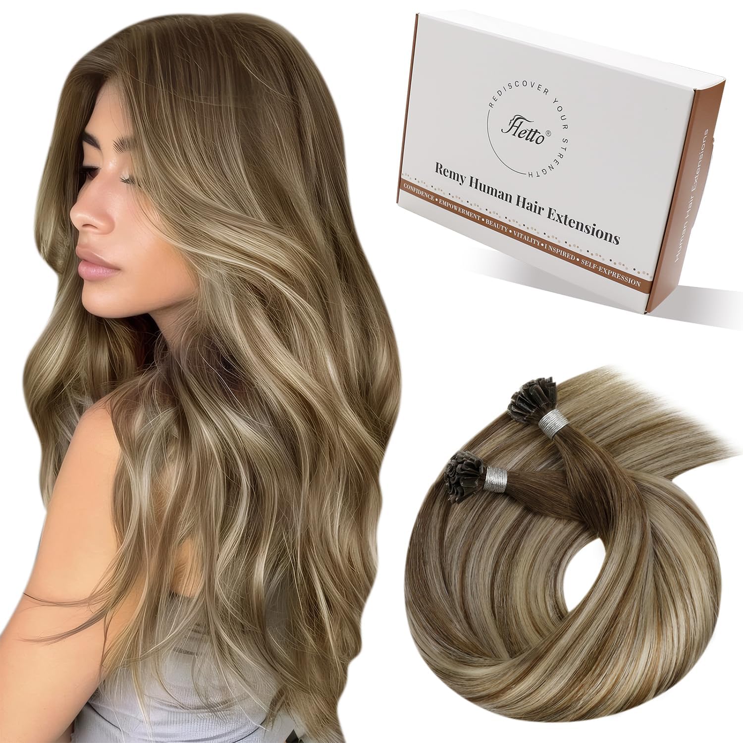 Hetto U Tip Hair Extensions Real Human Hair 16 Inch Balayage Brown Ombre Blonde K Tip Hair Keratin Prebonded Remy Hair for Women 50g 50strands #3/8/22 — image 1