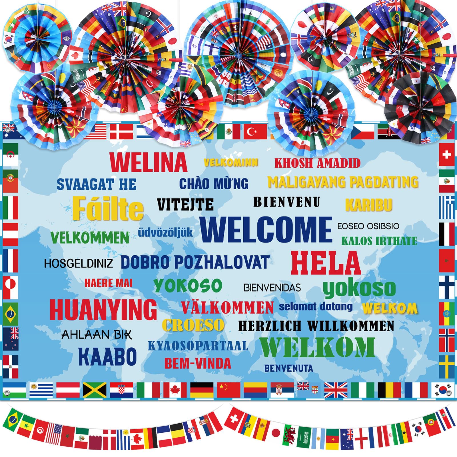 Photo 1 of Outus 11 Pcs International Flags Party Decorations Around The World Banner Backdrop International Hanging Paper Fans String Flags Country Multicultural Decor for Sports Events Bar Party Supplies