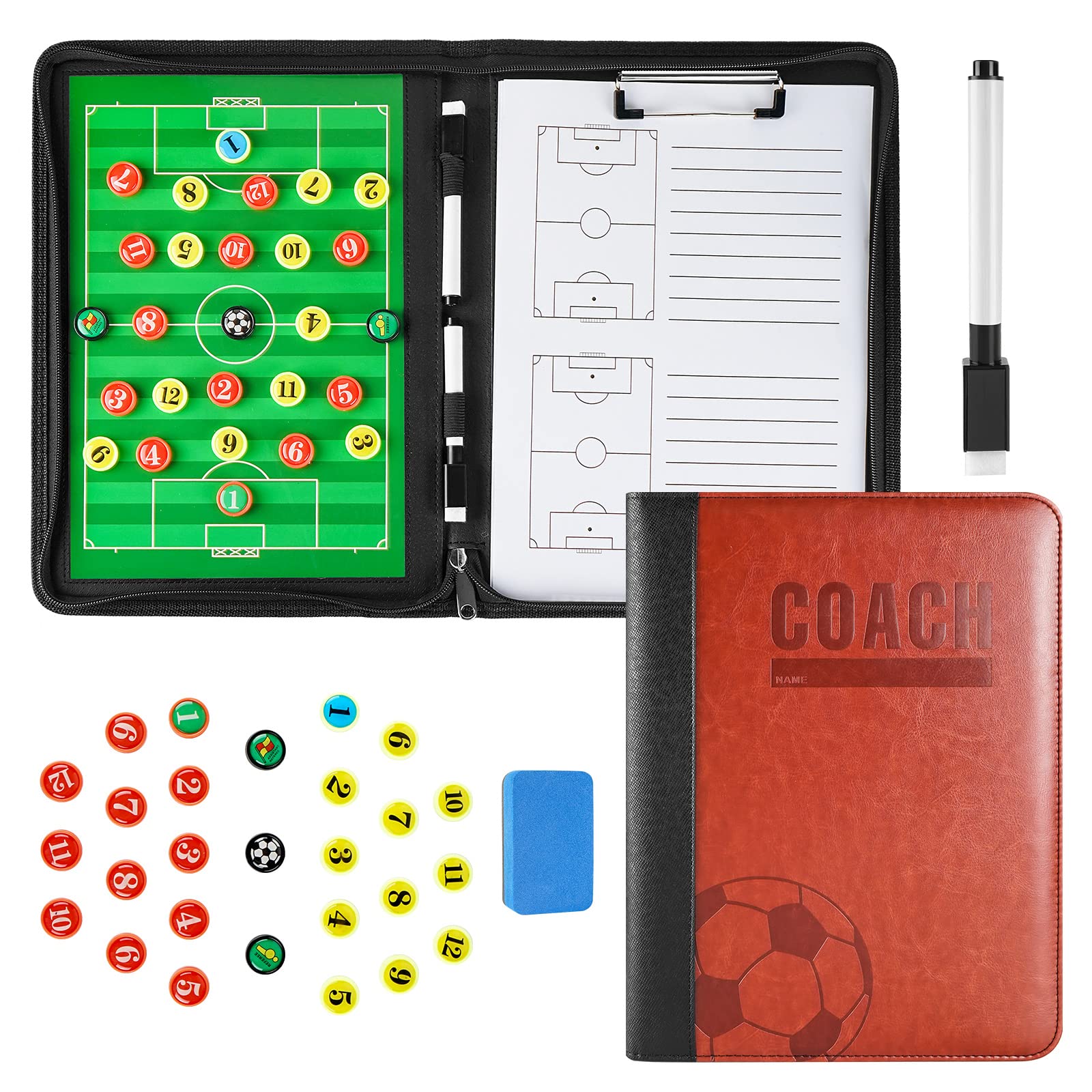 RoseFlower Magnetic Football Tactics Board, Portable Football Coaching Board Futsal Dry Erase Whiteboard Soccer Coach Marker Clipboard Strategy Folder Sport Equipment Gift with Chess Piece Pen Eraser