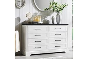 ACCOHOHO Farmhouse 8 Drawers Dresser Chests for Bedroom,52" Wide Wood Rustic Chest of Drawers with Metal Handle,Natural Texture,Drawer Organizer for Bedroom,Living Room,Hallway and Entryway,White