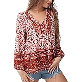 Vidifid Women's Casual Floral Print V Neck Top Loose Boho Long Sleeve Beach Shirts Blouses