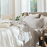 MooMee Gingham Sheet Set 100% Washed Cotton Linen Like Textured Breathable Soft w/Fully Elasticized 16-19" Deep Pocket (Classic Gingham Tannish Linen Grey, King)