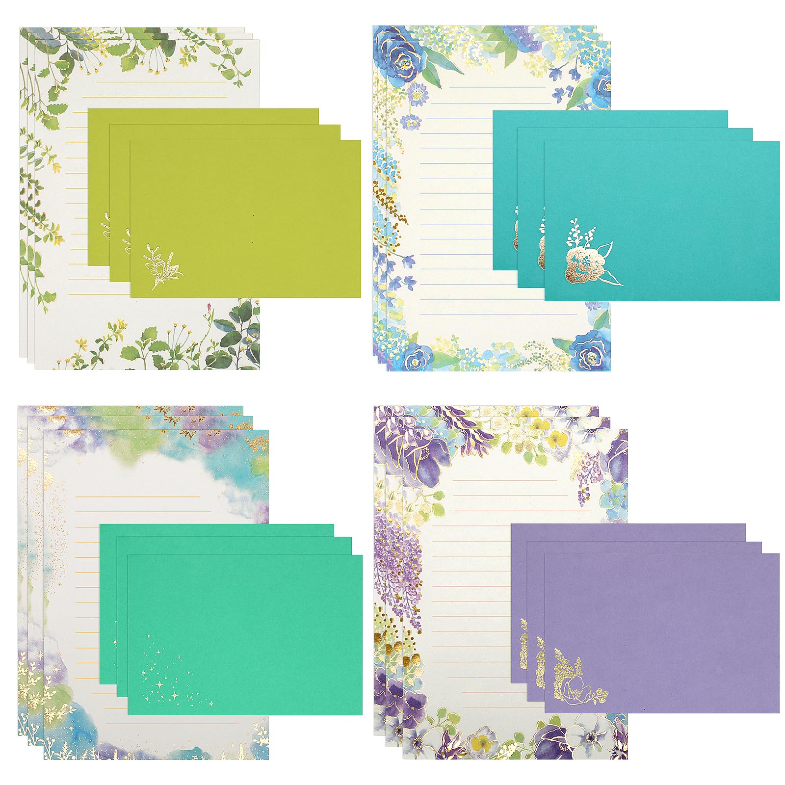 KSIWRE Stationary Paper Set,24 Gold Foil Stamping Letter Paper with 12 Envelopes,Cute Lined Stationary Writing Paper,Great for Love Letter Holiday Wishes Invitations