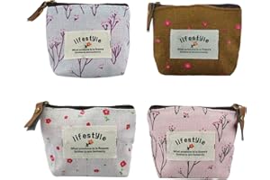 WisePoint 4 Pcs Small Change Purse, Canvas Mini Coin Purse Wallet Coin Pouch with Zipper, Coin Bag Small Pouches for Purse with Flower Pattern Money Pouch for Cash, Keys, Credit Card (flower)