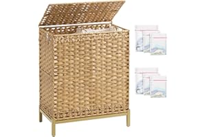 SETVSON Laundry Hamper with Lid, 112 L Handwoven Rattan Wicker Laundry Basket, 2 Removable Liner Bags Metal Heightened Feet, 6 Mesh Bags, 2 Section Large Clothes Hamper for Bathroom Bedroom, Natural