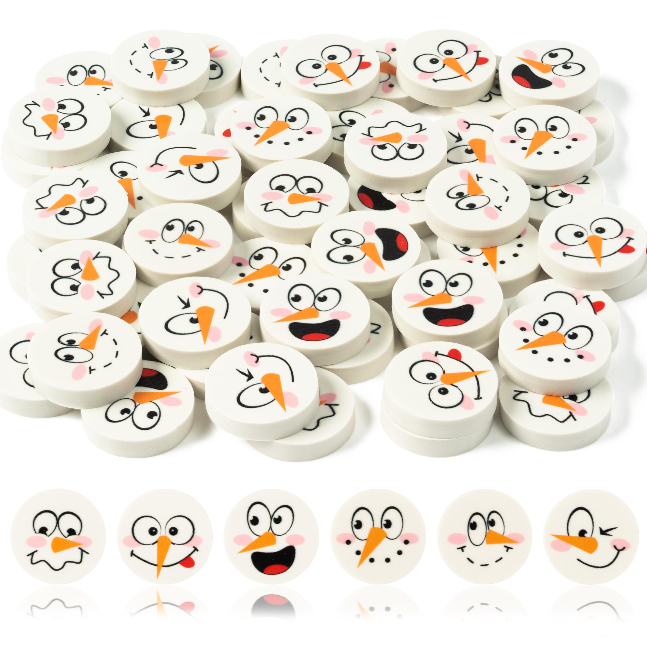 A1DIEE 60Pcs Winter Snowman Mini Erasers for Kids Christmas Bulk Pencil Eraser Cartoon Snowman Face Small Rubber Xmas Party Favors for Reward Prizes Student Children