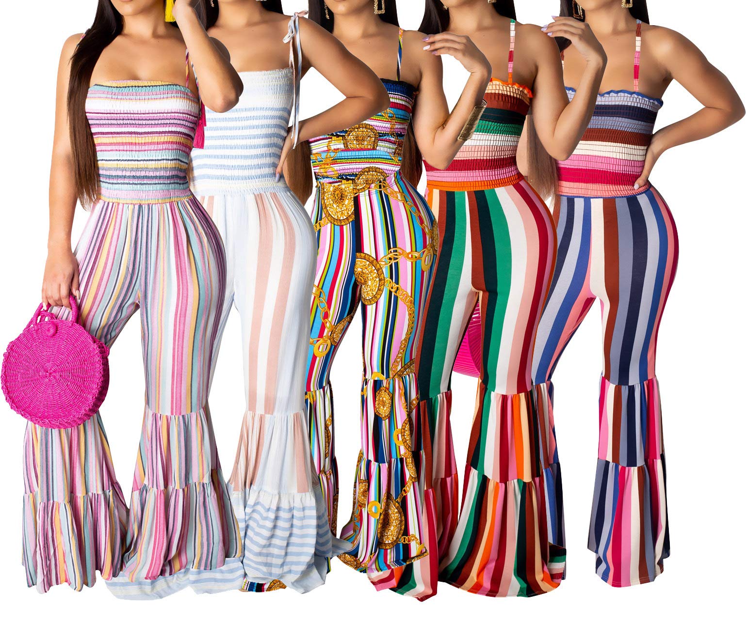 ECHOINE Women\'s Sexy Sleeveless Playsuit Jumpsuits - Wide Leg Flare Pants Striped Bodycon Rompers Ladies One Piece Outfits Blue S