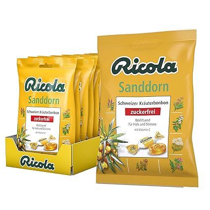 Ricola Sanddorn, Schweizer Kräuterbonbon, 18 x 75g Beutel, ohne Zucker, Wohltuend und erfrischender Genuss