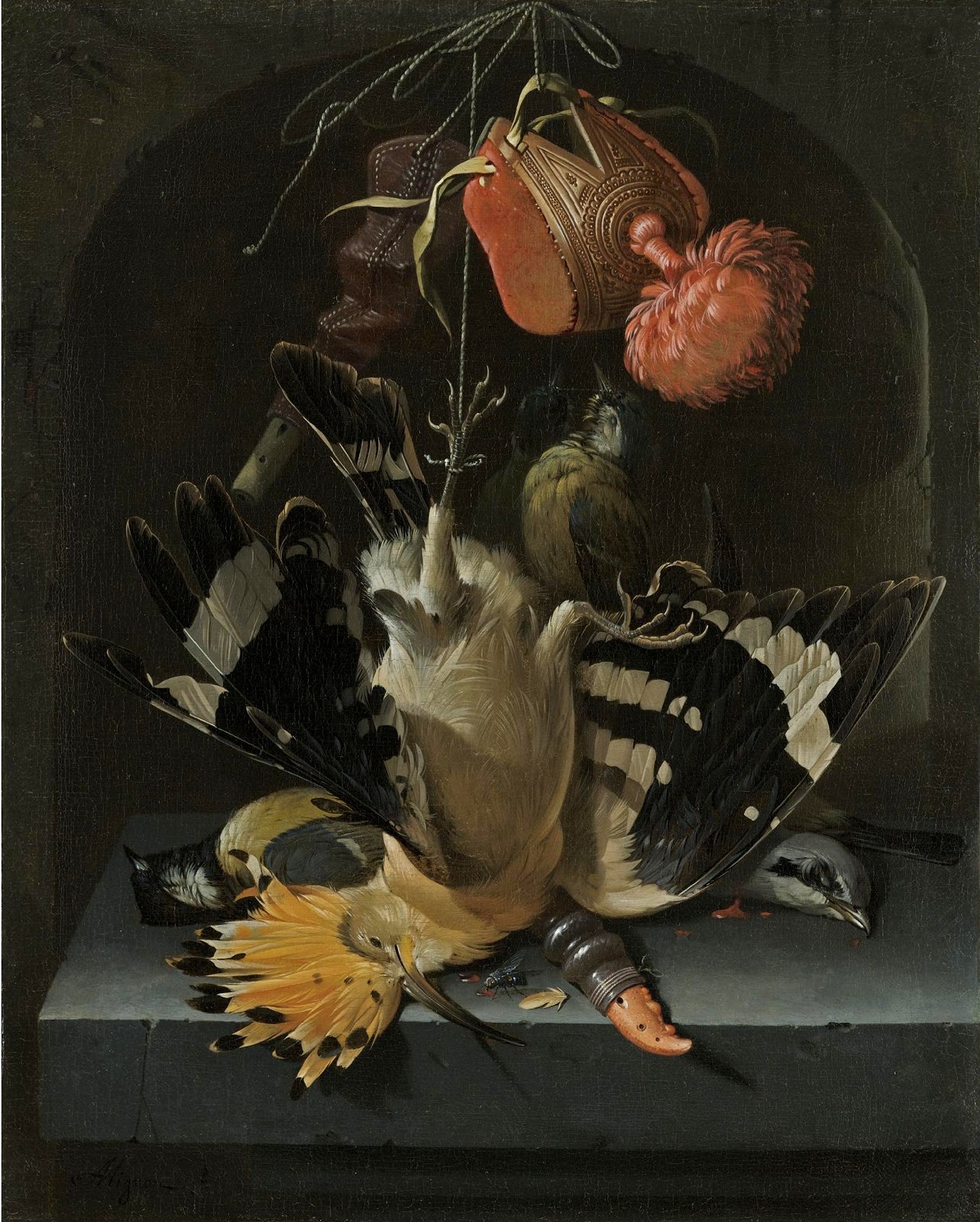 Abraham Mignon Still life with a hoopoe, a great tit, a falconry hood and a decoy whistle Private co