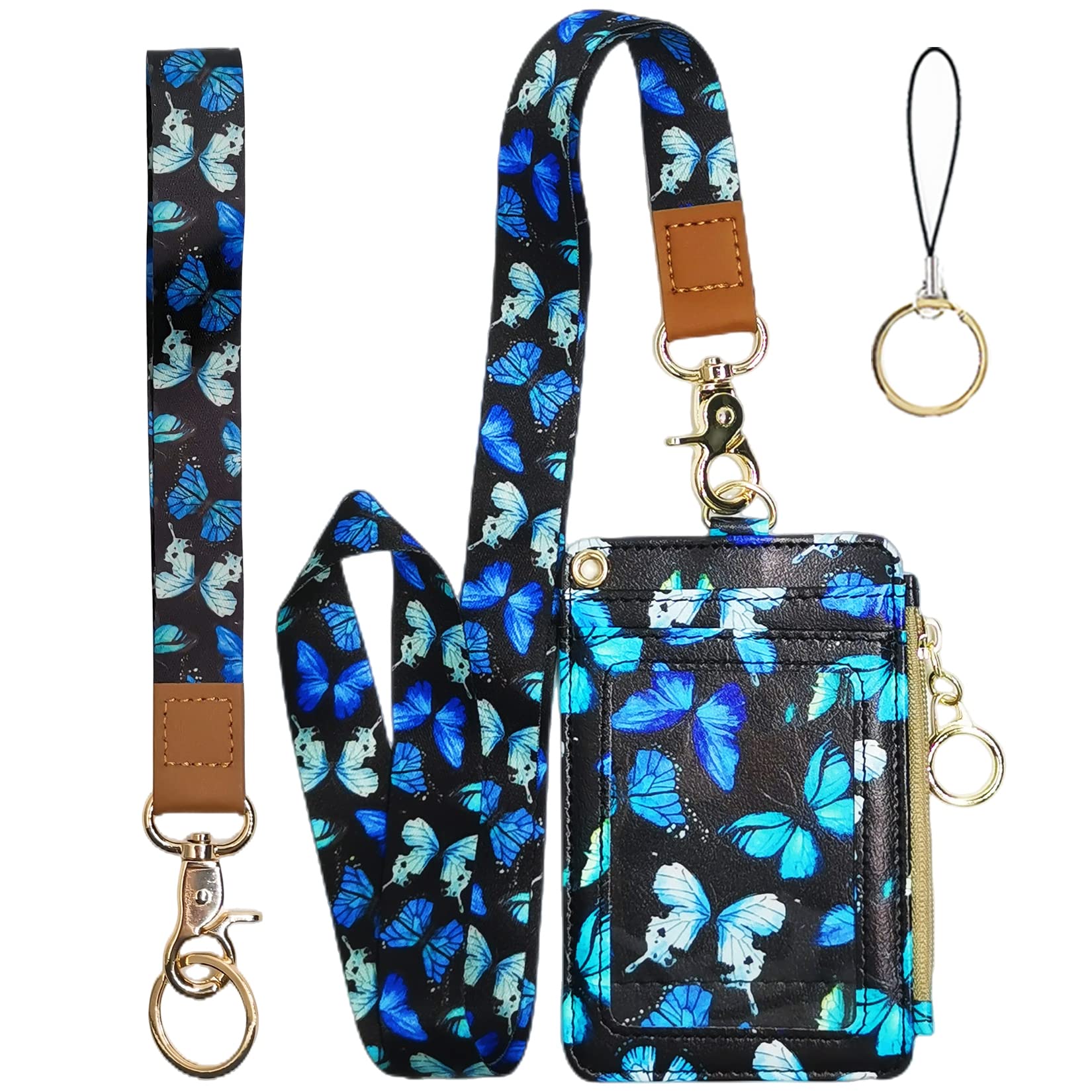 Cute Id Badge Holder with Lanyard,Blue Butterfly Teacher Lanyards for Id Badges and Keys,Identity Id Badge Holder Case, Nurse Doctor Office School Teacher Name Credit Card Pocket