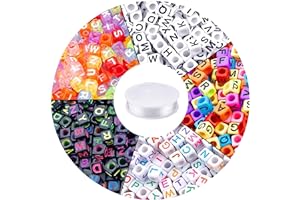 Augshy 1400pcs 5 Color Cube Alphabet Beads Bracelet Letter Beads for Bracelets Making with 1 Roll 50M Crystal String Cord for Jewelry Making（6mm）