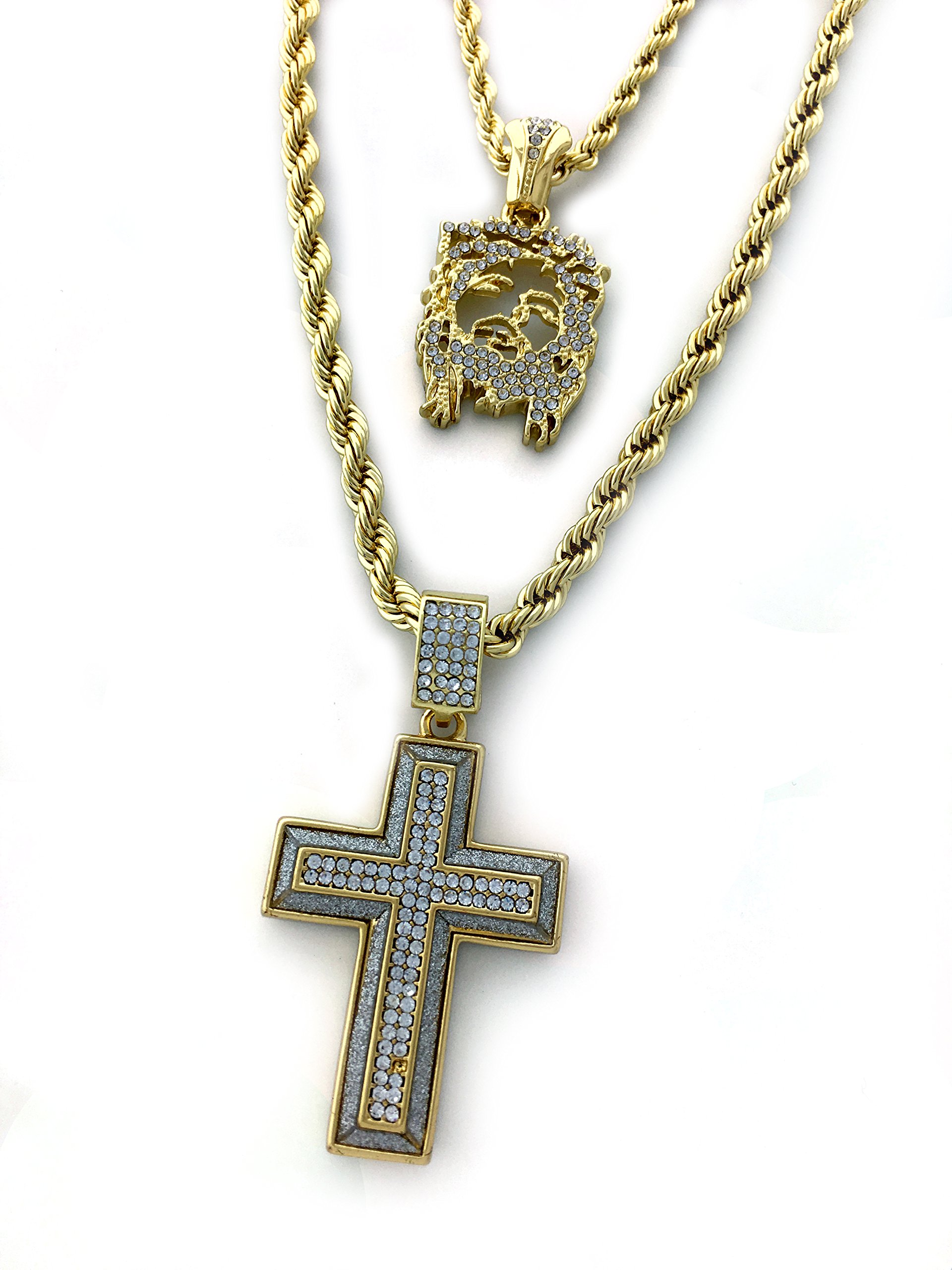United Bling Two Piece Chain Necklace Set with Jesus & Cross Pendants