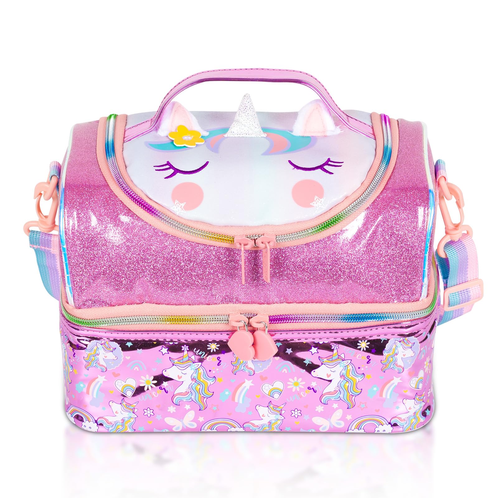 PinkSheep Kids Double Decker Cooler Insulated Lunch Bag Large Tote for Boys, Girls, Men, Women, with Adjustable Strap, Unicorn (Unicorn4)