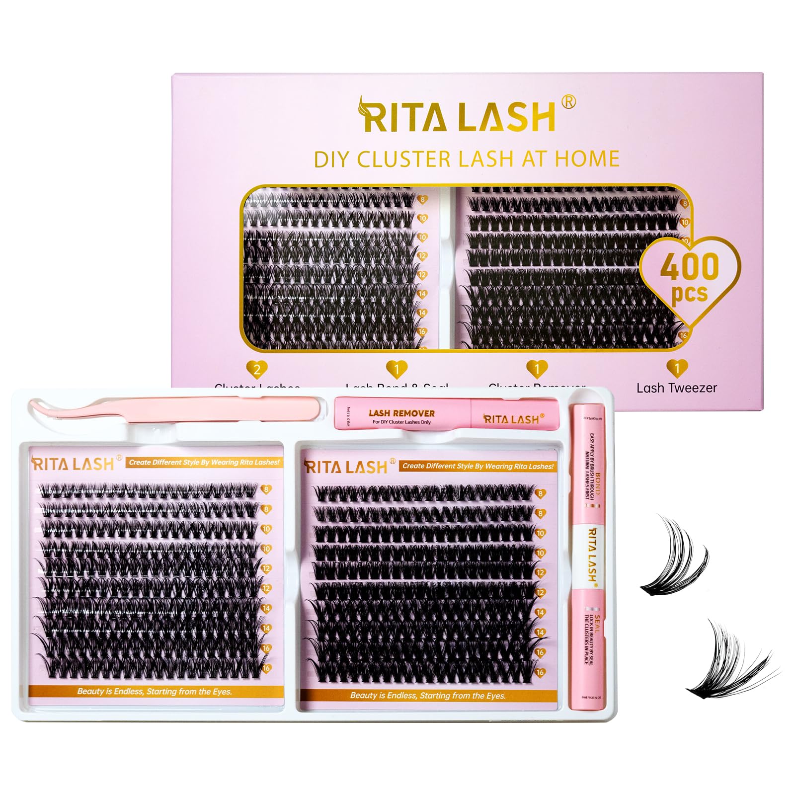 RITALASH Lash Extension Kit 400Pcs,DIY Individual Lashes Clusters Kit,Lash Bond And Seal,Lash Remover For Eyelashes Extensions (40D+60D Cluster Kit) — image 1