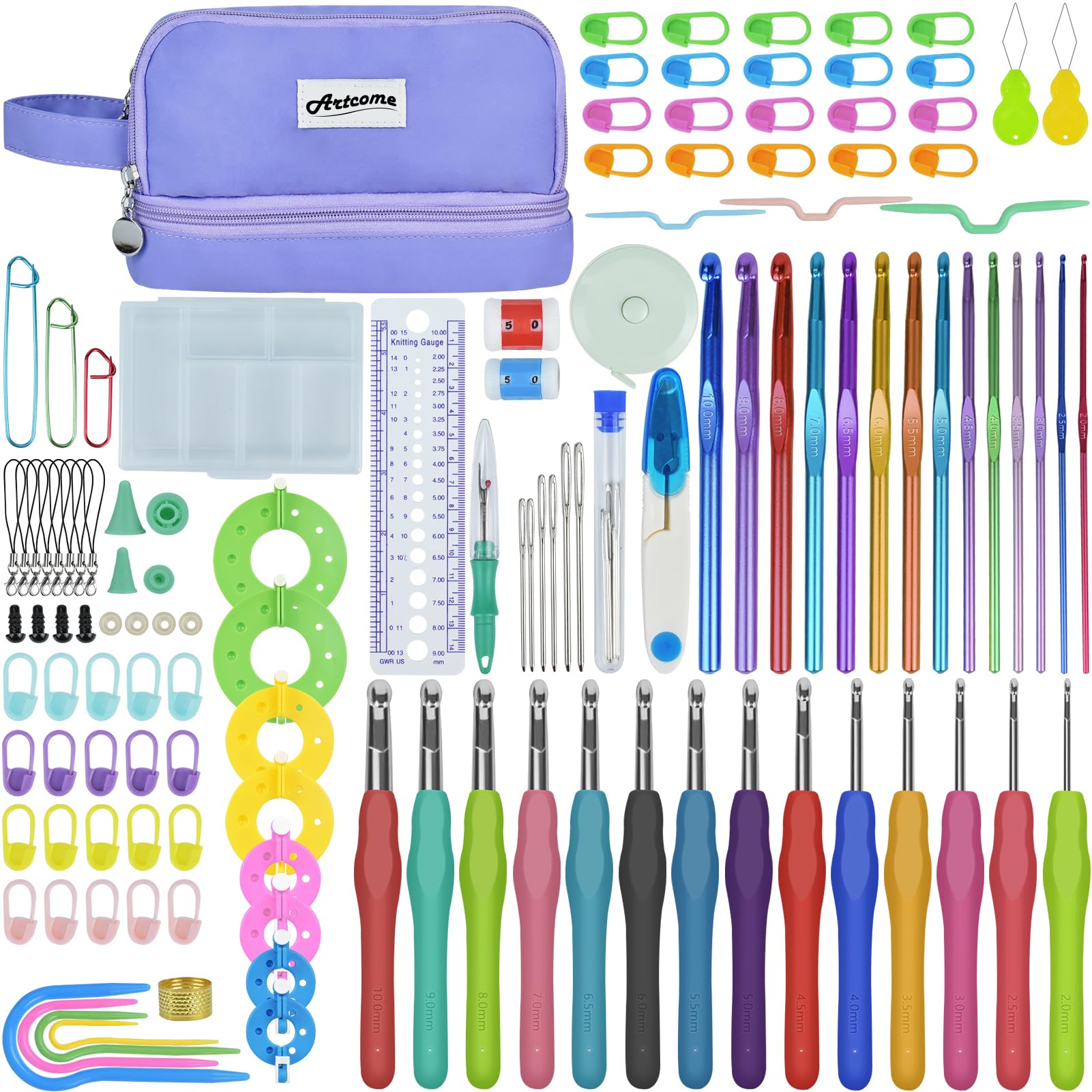 Artcome 124 pcs Crochet Kit for Adults and Kids, 14 Sizes Ergonomic Crochet Hooks with a Comfortable Grip for Beginners and Experienced Crocheters, Ideal for Creating Beautiful Projects