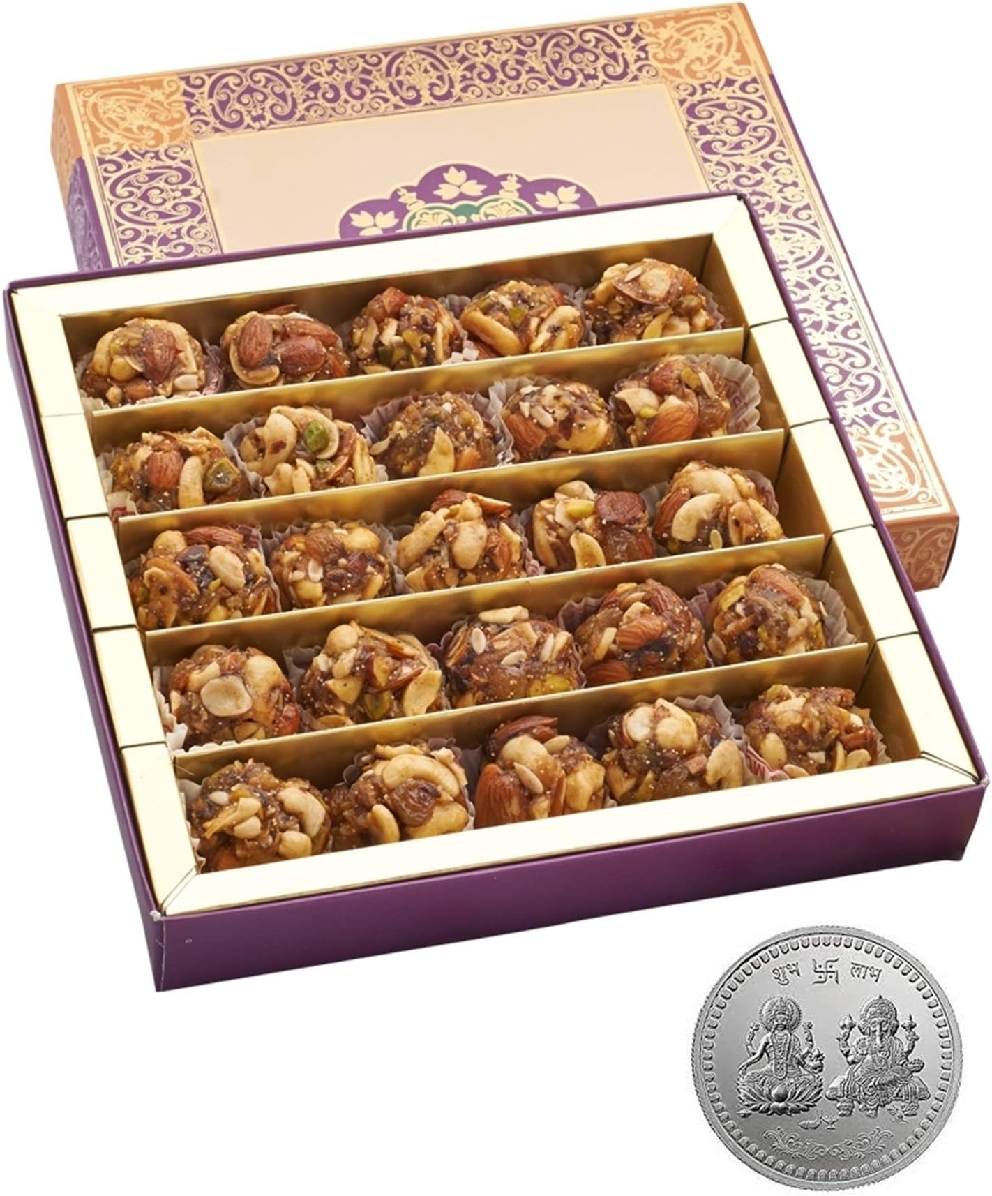 Ghasitaram's - Indian Diwali Festive Gift Box - Diwali Special Dryfruit Laddu with Religious Silver Plated Coin, Traditional Indian Sweets in Gift Box