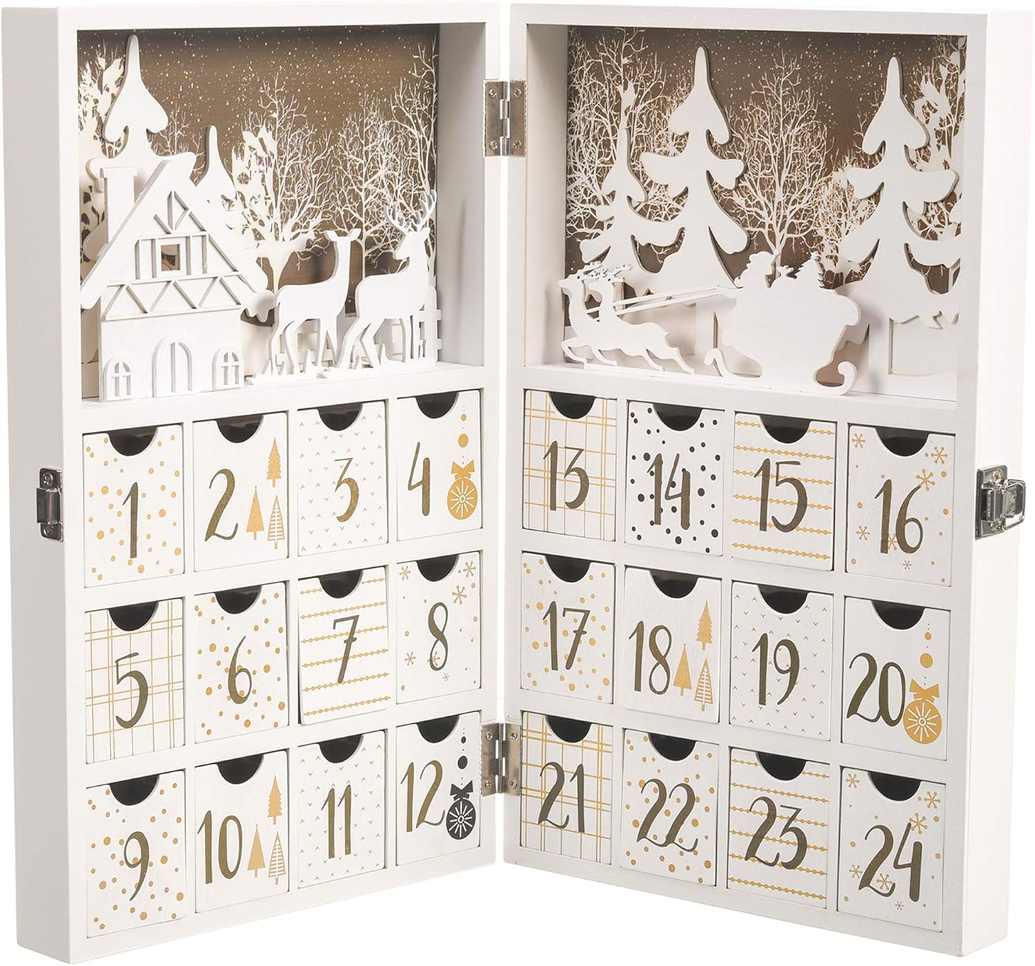 Advent Calendars - M MINGLE Wooden Advent Calendar, Christmas Countdown Calendar Decoration with 24 Drawers, Snow, House, Tree, Reindeer