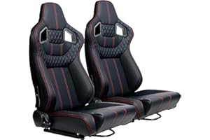 ELOUNTIK 2 Pcs Adjustable Universal Racing Seats with Double Sliders, PVC Leather Upholstered Reclinable Bucket Seats, 1 Pair of Sport Seats for Vehicles (Black with Red Stitching, 23.2''x20.1''x36.6'')