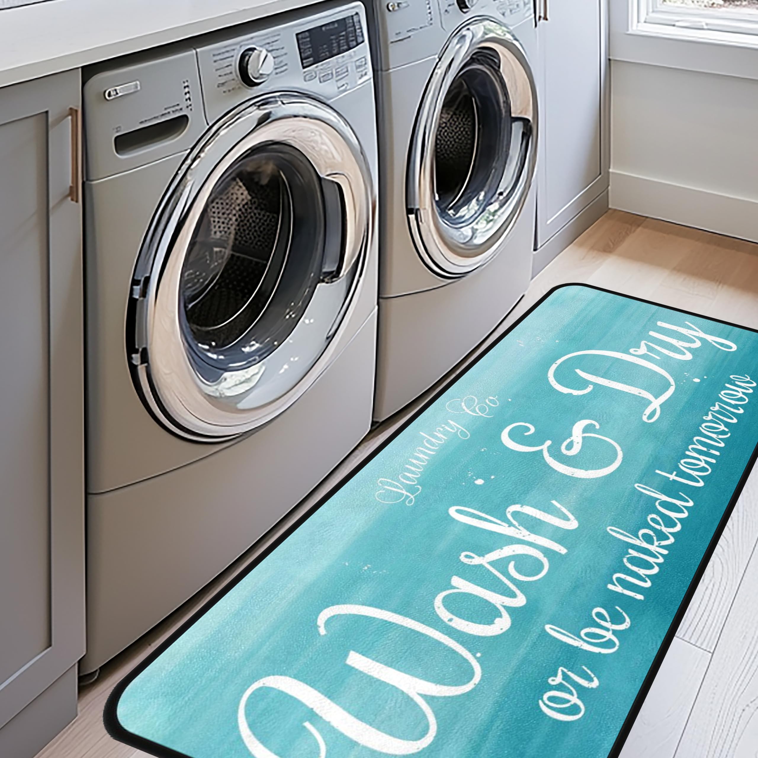 Laundry Room Rug Runner 20"X49" Non Slip TPRback Laundry Rugs for Laundry Decor Bordered Design Washable Runner Rugs for Kitchen Floor Laundry Room Bathroom Hallway Entryway Area Rugs-Turquoise