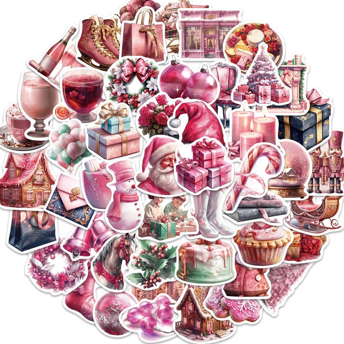 LZLPACKING 50pcs Cartoon Pink Christmas Stickers Personalized Decoration Guitar Notebook Suitcase DIY Waterproof Stickers