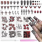 Halloween Nail Charms and Rhinestones Dark Black Skull Cross Gothic Halloween Nail Art Charms, Flatback Red Black Rhinestones Heart Hand Skeleton Tombstone Charm for Halloweens Nail Decor DIY Crafts