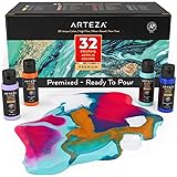 ARTEZA Acrylic Pouring Paint Set of 32, 2 ounce Bottles, Assorted Colors, High Flow Paint, Art Supplies for Pouring on Canvas