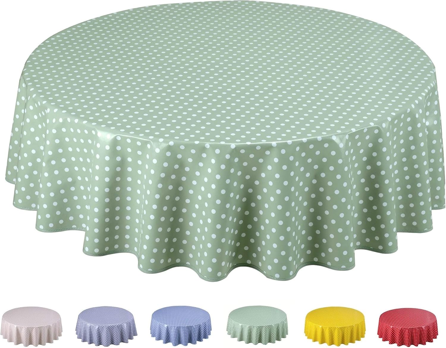Round Oilcloth PVC Wipe Clean Tablecloth 140cm 55" Small Polka Dot Sage
