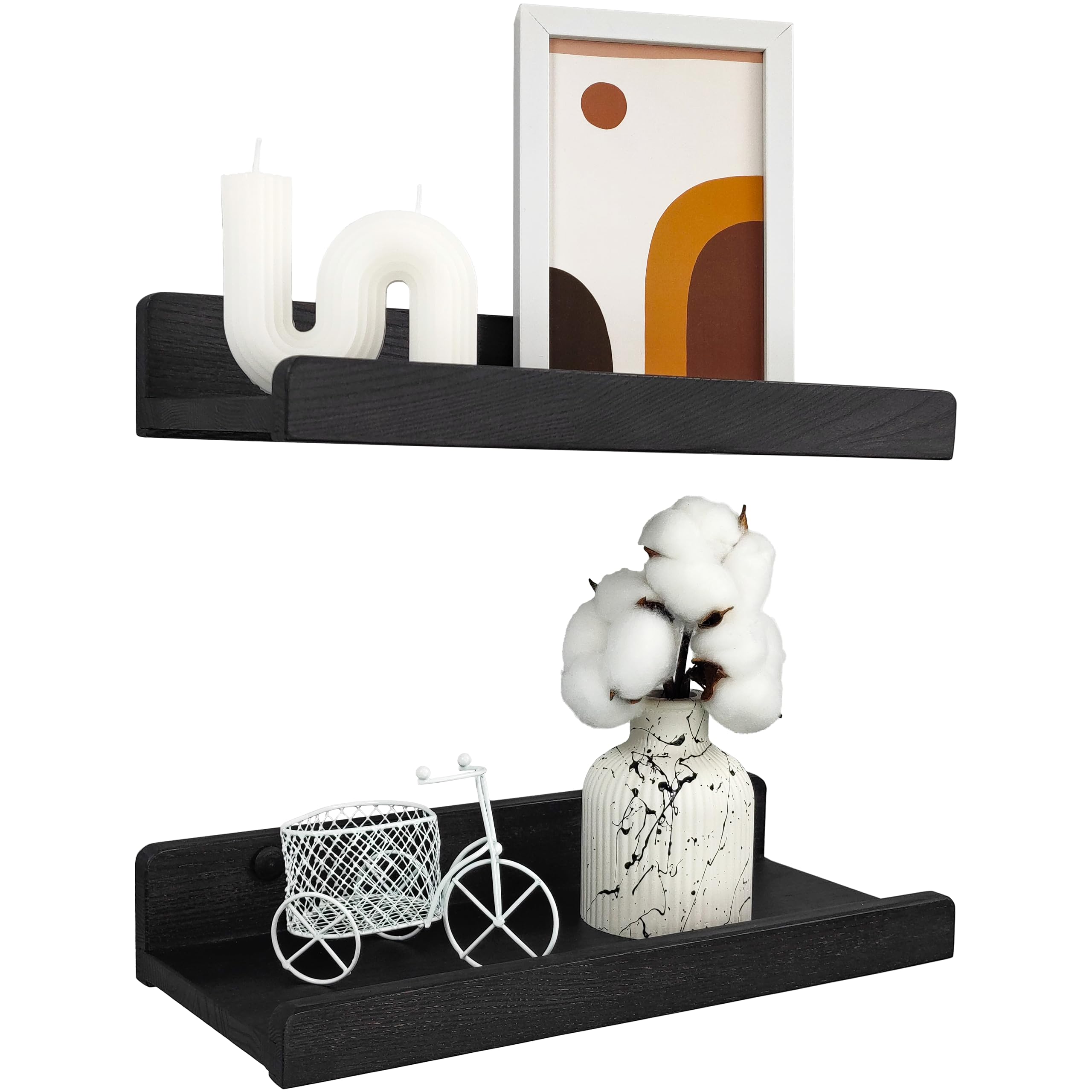 Handcrafted Floating Shelves for Wall 30cm, Waterproof Wall Storage Shelves with Lip, Display Picture Ledge Shelf for Living Room Photo Frame, Natural Wood Hanging Book Shelves (Black, Set 2)
