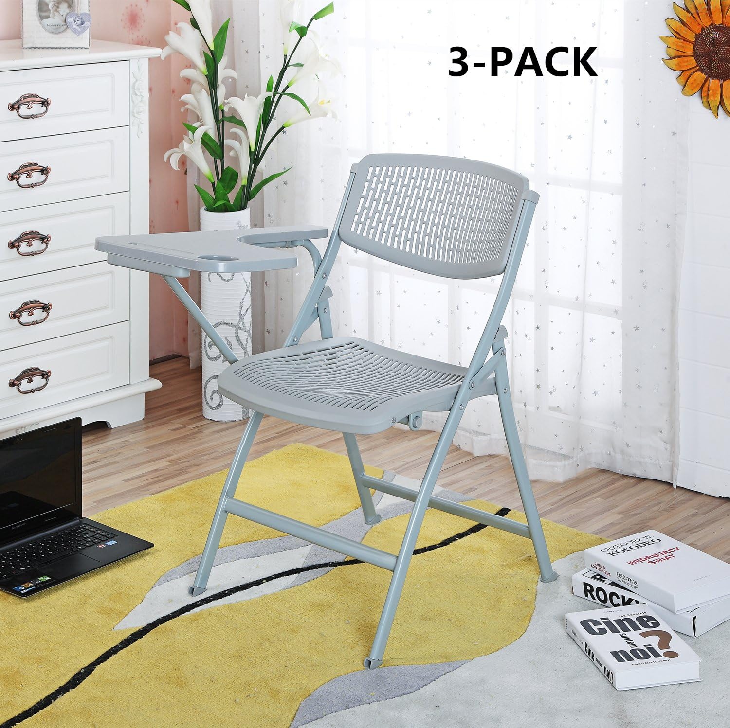 LSCING Modern Plastic Breathable Dining Room Office Restaurant Folding Chair with Writing Pad Standard Size Grey, 3-Pack