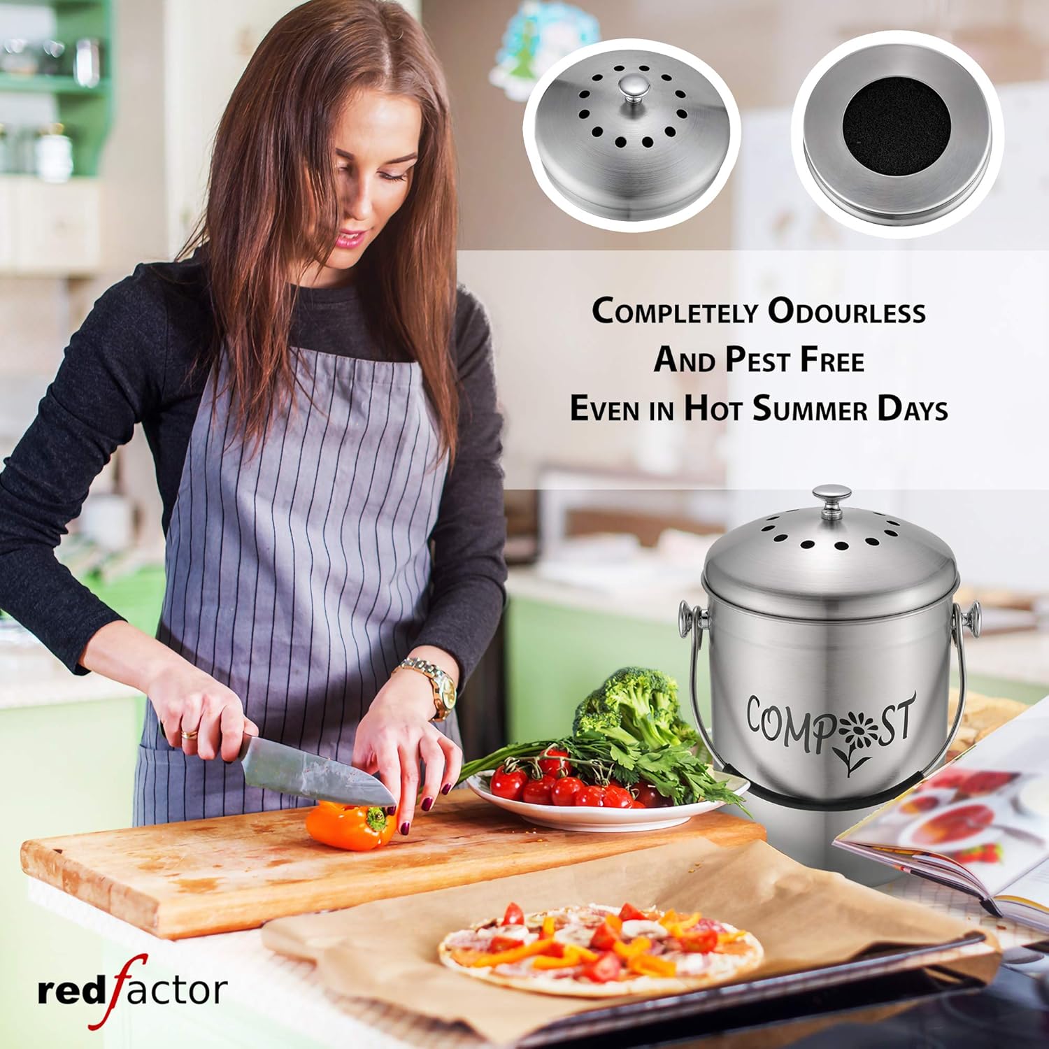 RED FACTOR Deluxe Compost Bin for Kitchen Worktop, Stainless Steel Food Waste Caddy with Innovative Dual Filter Technology - Image 4