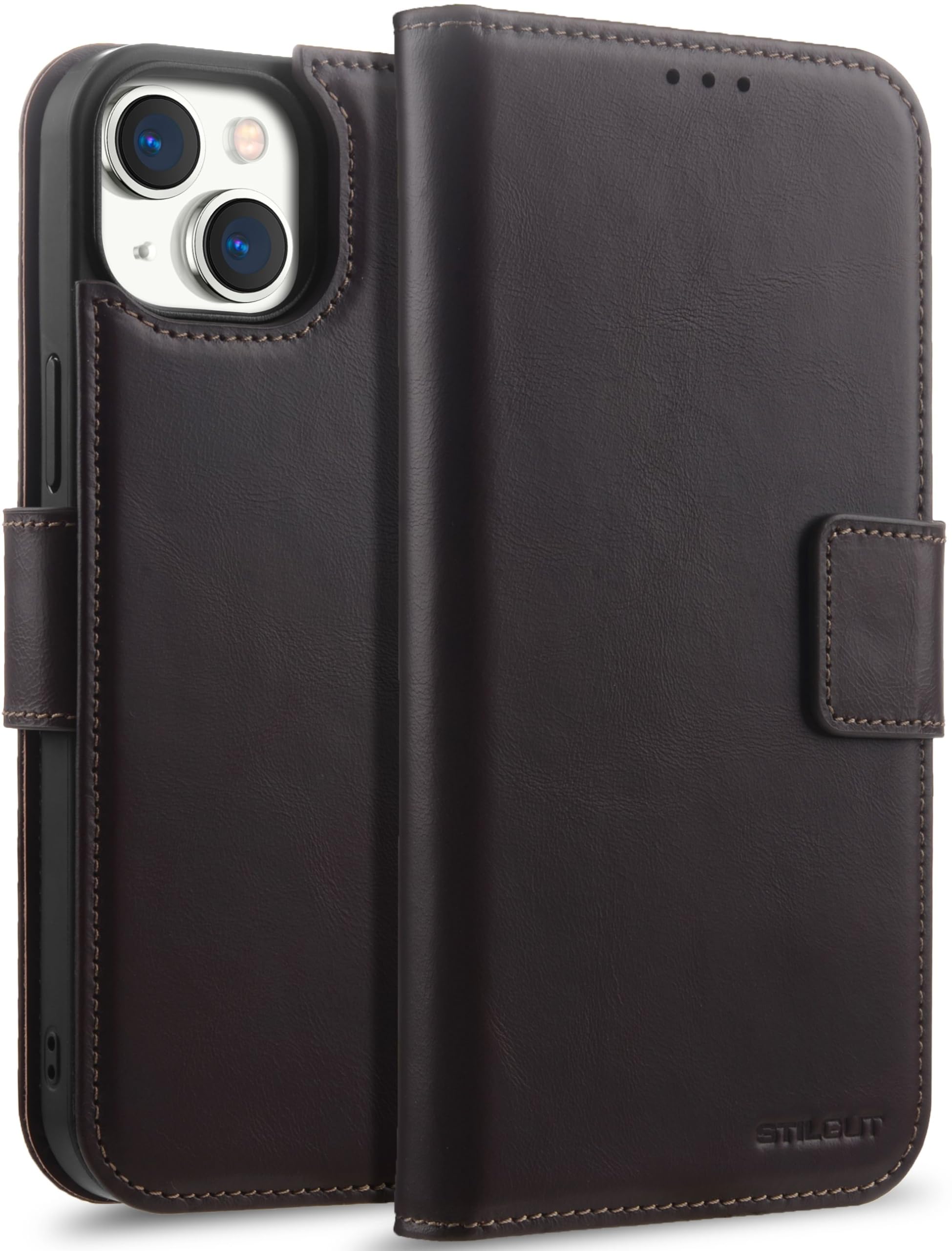 STILGUT Talis 2-in-1 Suitable for iPhone 15 Plus Case with Leather Card Slot and Magnetic Removable Case, Compatible with MagSafe, Wallet Case, Mobile Phone Case with Compartments - Brown