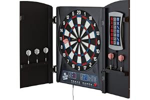 Fat Cat Mercury Electronic Dartboard, Built In Cabinet Doors With Integrated Scoreboard, Dart Storage For 6 Darts, Dual Displ