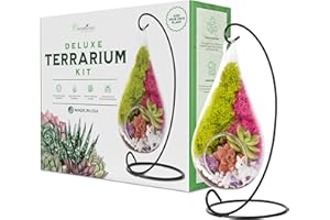 Creations by Nathalie - Plant Terrarium Kit, Hanging Glass DIY Terrarium Starter Kit for Adults, Metal Stand, Reindeer Moss, Crystal & Rocks, Tools, Figurine