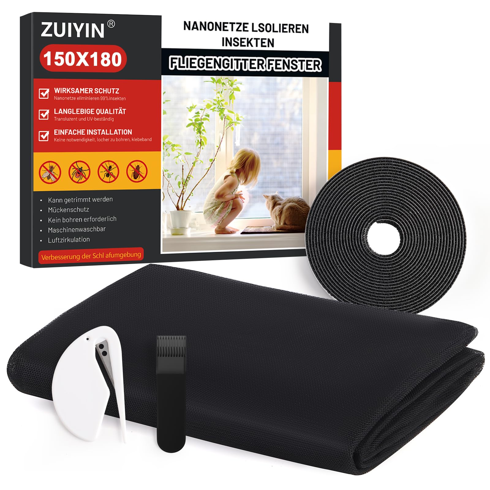 ZUIYIN Fliegengitter für Fenster 150 x 180cm Ohne Bohren Zuschneidbar Insektenschutz Fenster mit Starker Klettband Fliegennetz & Mückennetz für Fenster