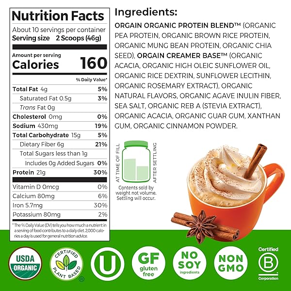 ORGAIN ORGANIC VEGAN PROTEIN POWDER, PUMPKIN SPICE SEASONAL FLAVOR – 21G OF PLANT PROTEIN, 5G PREBIOTIC FIBER, NO LACTOSE INGREDIENTS, NO ADDED SUGAR, NON-GMO, FOR SHAKES & SMOOTHIES, 1.02 LB