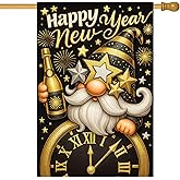 HOMETITUTE Happy New Year House Flag 28x40 Inch Double Sided Garden Flag Gold and Black Gnome Champagne and Clock Design Winter Holiday Yard Banner Large Outdoor Flag for Porch Lawn Home Decoration