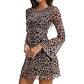 Simlakey Women Cheetah Print Mini Dress Y2k Bell Sleeve Leopard Bodycon Short Dress Sexy Lettuce Trim Sheer Going Out Dresses