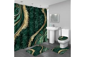 BayNook 4PCS Emerald Green Gold Marble Shower Curtain Sets with Rugs, Abstract Bathroom Sets with Shower Curtain and Rugs, Bathroom Curtains Shower Set with Toilet Lid Cover for Bathroom Decor