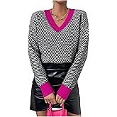 SweatyRocks Women's Striped V Neck Sweater Long Sleeve Color Block Knitted Pullover Tops