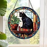 Rngmsi Black Cat Stained Glass Window Hanging Gifts for Women, 7.8″ Book Suncatchers for Indoor Window Decor, Decorative Sun Catchers Home Wall Art Gift for Thanksgiving Christmas Housewarming