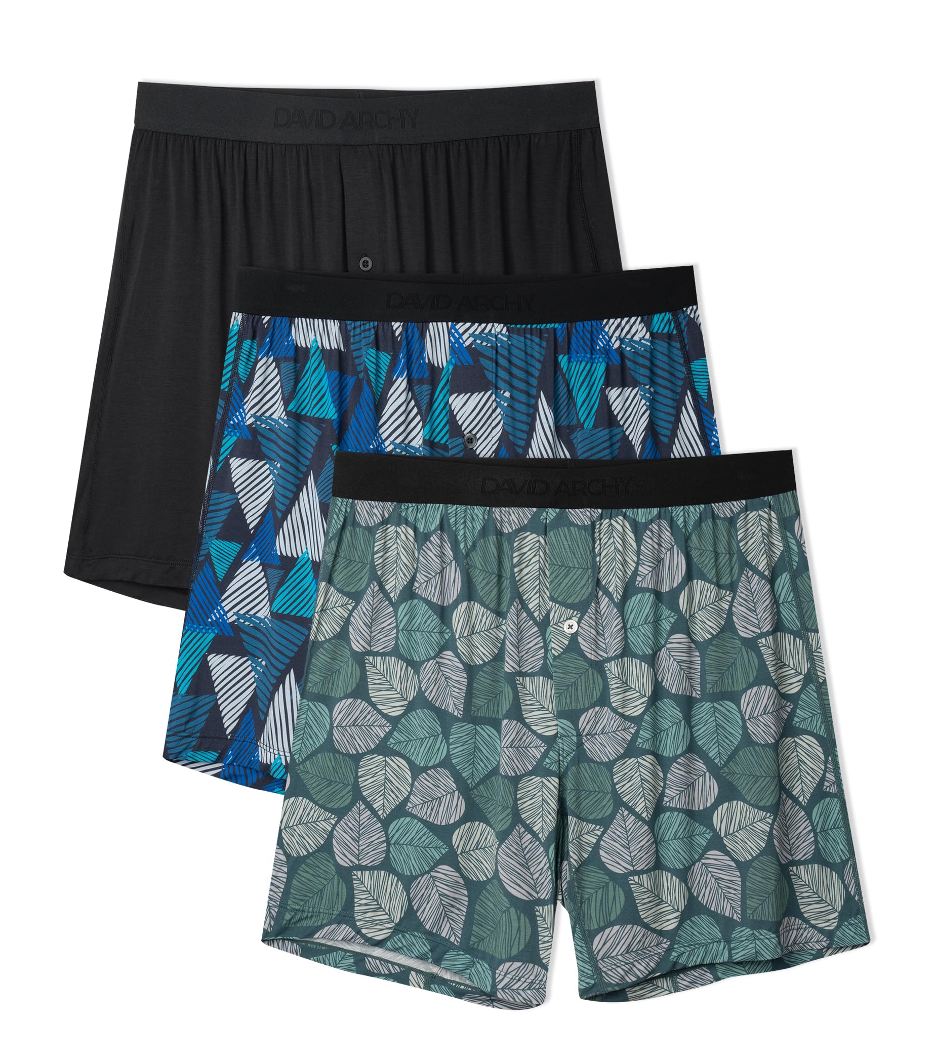 Photo 1 of ** FACTORY SEALED** DAVID ARCHY Mens Boxers Cooling Rayon Made from Bamboo Boxers for Men Pack Printed Underwear Moisture Wicking Mens Boxer Shorts with Button Fly(XL, Black/Blue Geometric/Green Leaf)